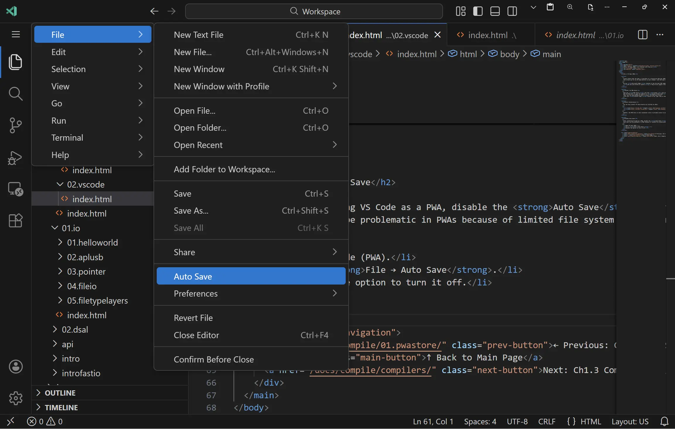 Disable Auto Save in VS Code PWA